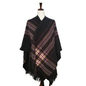 Rachel Roy Plaid Fleece Wrap Poncho Shawl with Fringe